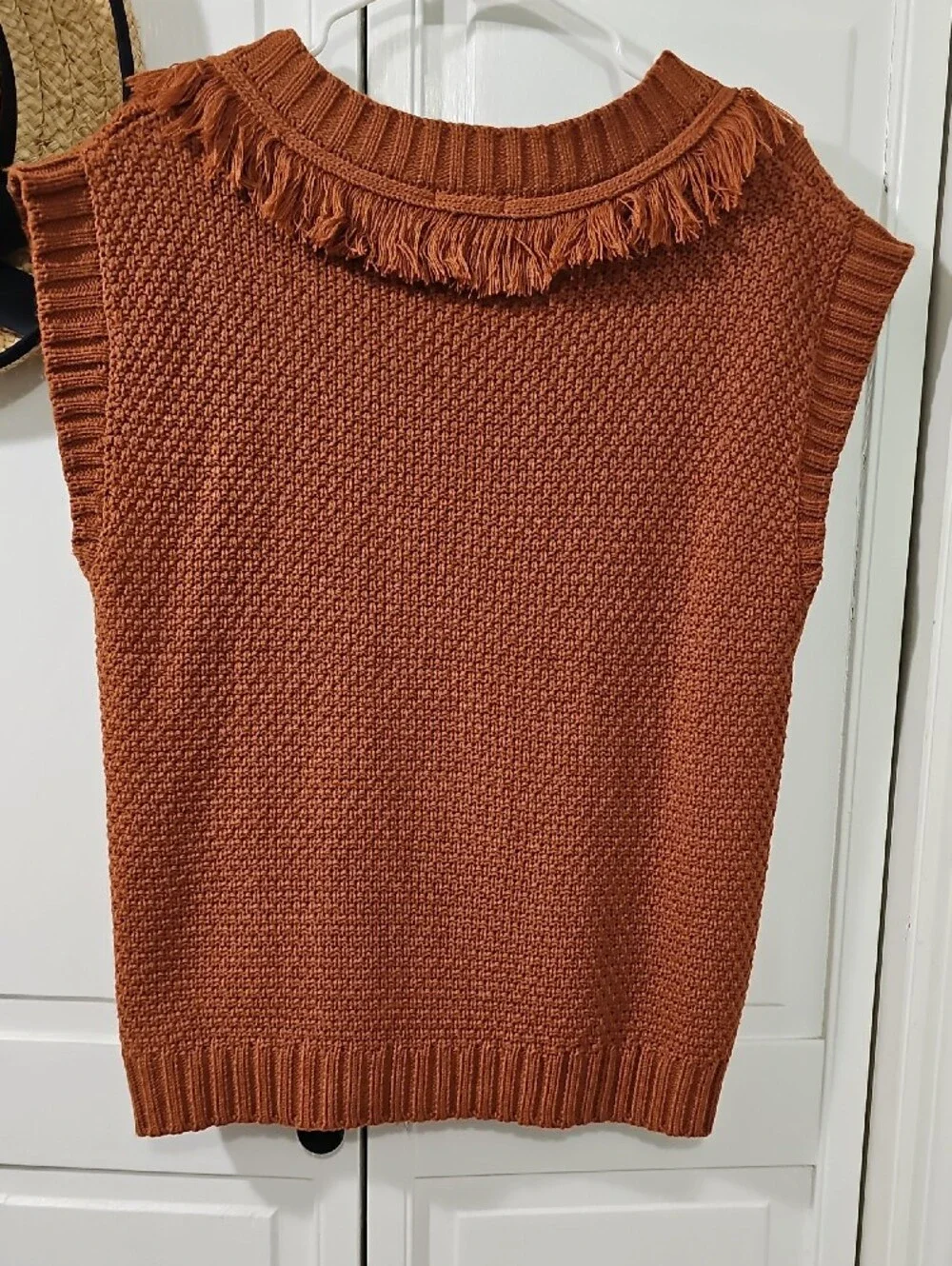 Vigoss Burnt Orange Fringe Cable V-Neck Sweater Vest